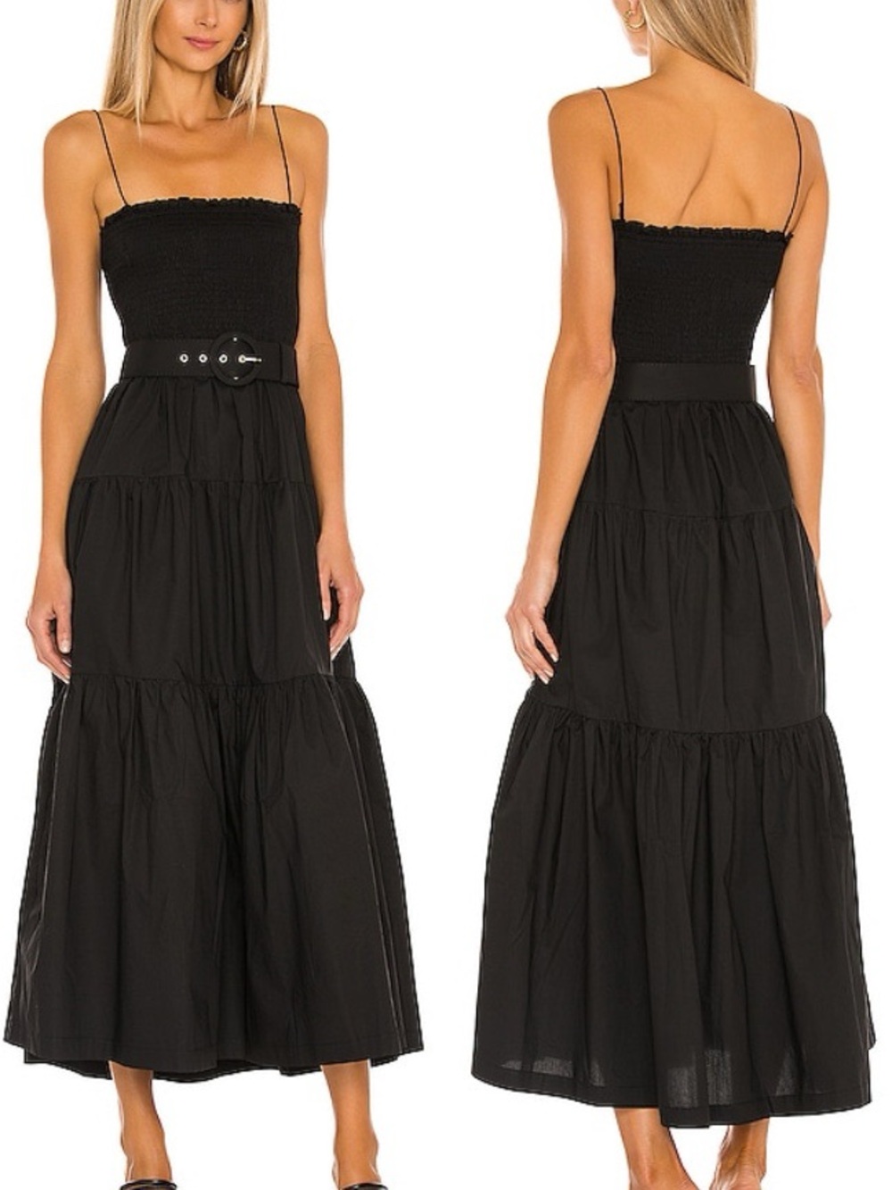L’Academie Revolve Nour Smocked Bodice Tiered Midi Dress Black Sz S 🧡🍄